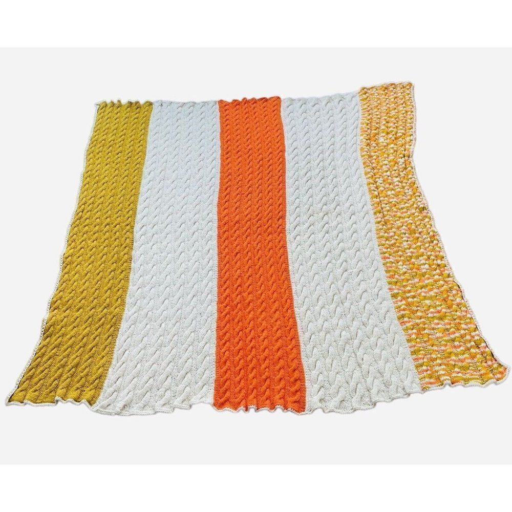 Vintage 1970s Cable Knit Handmade Afghan Throw Blanket Orange Cream Gold 67"x68"